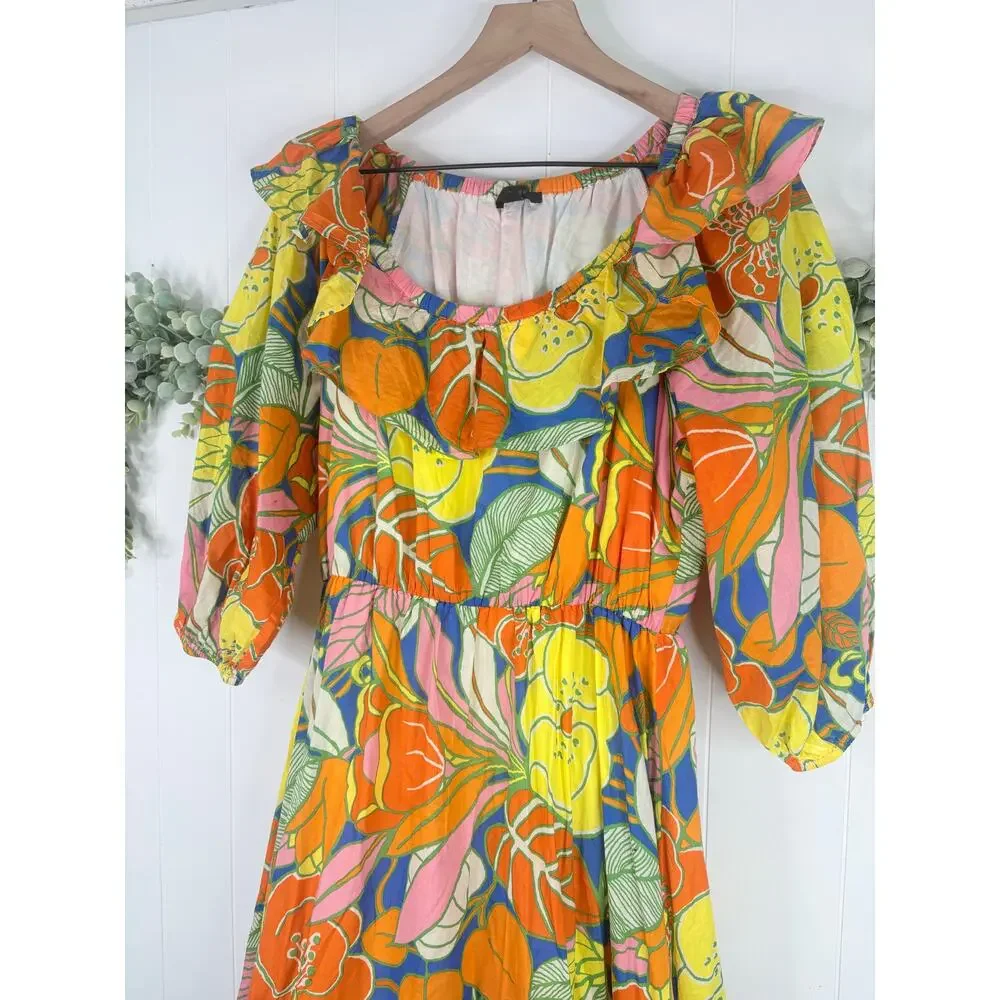 J. Crew Tropical Floral Midi Dress Small Ruffle Off Shoulder Summer Vacation